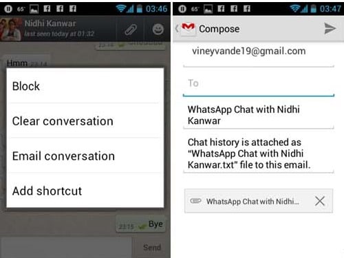 Send WhatsApp conversation history to someone