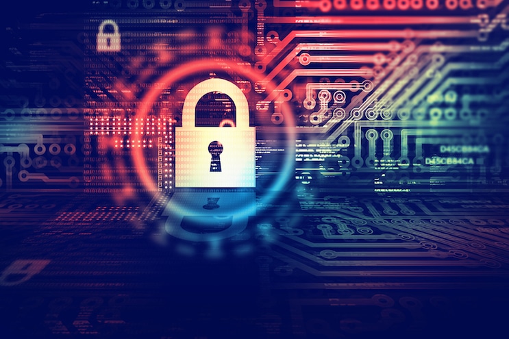 illustration of padlock on background of data flow lines