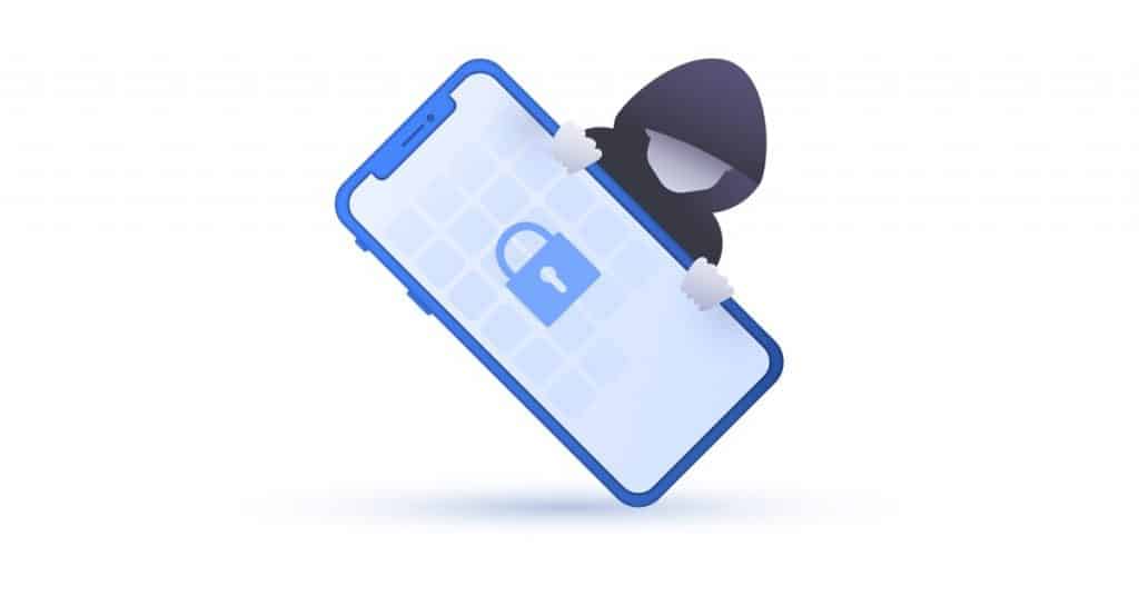 illustration of a hacker peeking out from behind a mobile phone