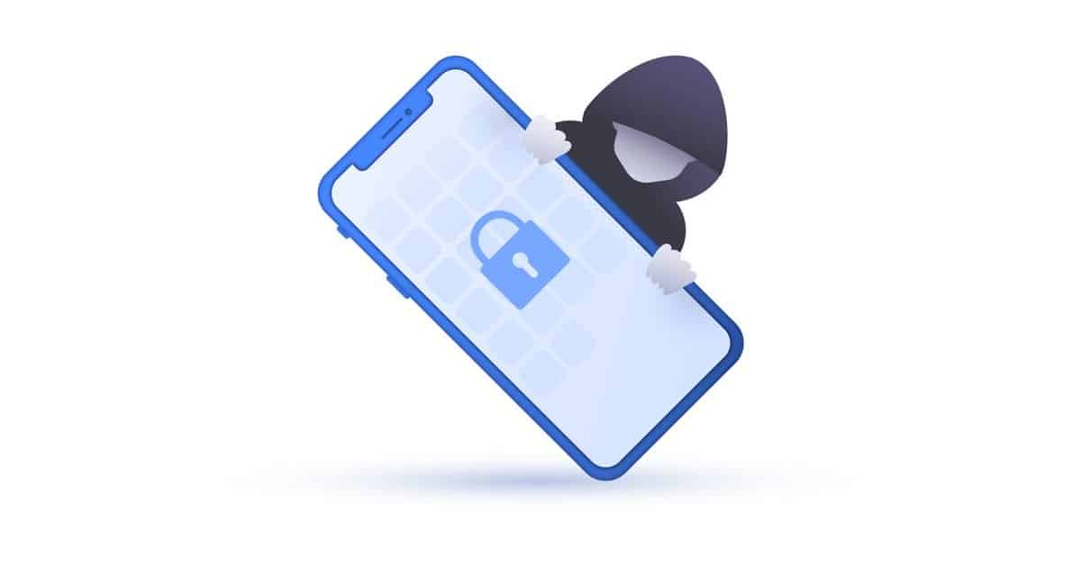 illustration of a hacker peeking out from behind a mobile phone