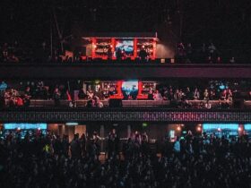 Crowd watching screens