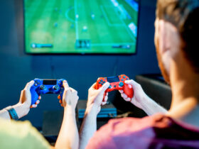 couple playing game on console