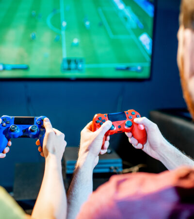 couple playing game on console