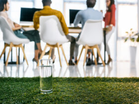 people sitting around conference table with artificial turf in the background