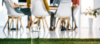 people sitting around conference table with artificial turf in the background