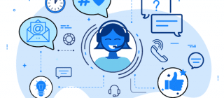 customer support person on a headset, surrounded by icons showing email, social media, emojis, etc.