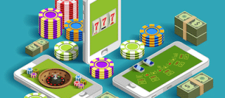 illustration of mobile gambling with smart phones, cash, and chips