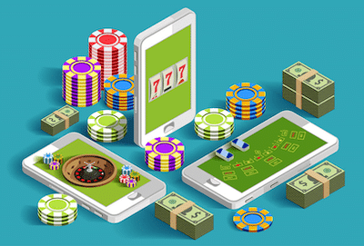 illustration of mobile gambling with smart phones, cash, and chips