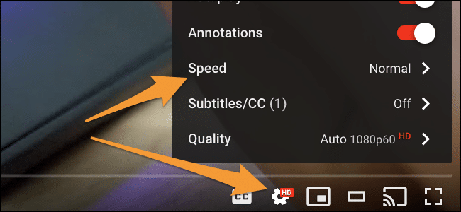 screenshot of picture quality, subtitle, and speed settings in YouTube