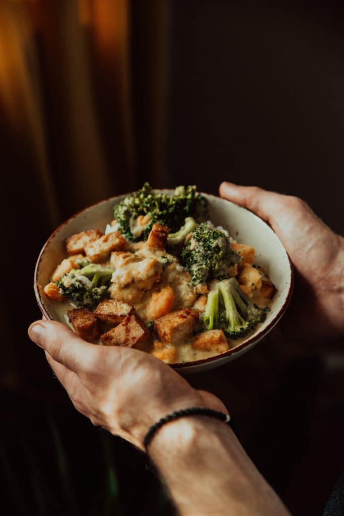 hands holding a bowl filled with a stew of chicken, tofu, and broccoli