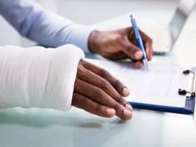 man with an arm in a cast signing a document