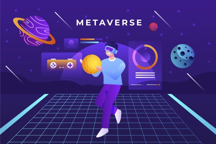 Illustration of gamer with VR headset in front of  metaverse background