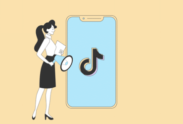 illustration of woman with bullhorn next to large phone with TikTok icon displayed.