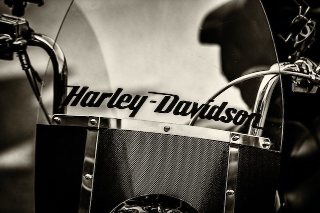 close-up of harley davidson logo on motorcycle