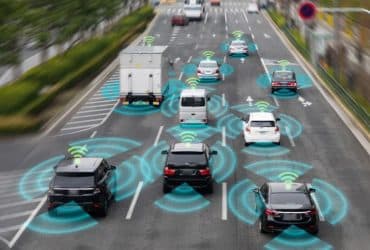 autonomous driving cars on a road together