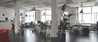 large office space furnished with desks, lights, and chairs