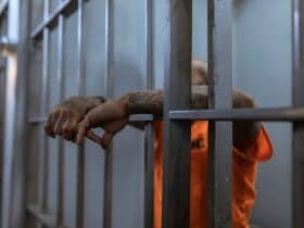 prisoner behind prison bars wearing orange jumpsuit