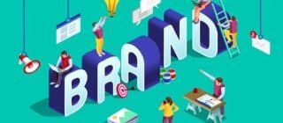 Illustration of the word "Brand" surrounded by people and objects related to marketing and branding