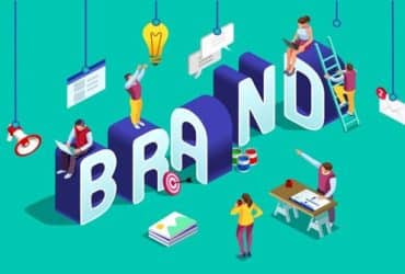 Illustration of the word "Brand" surrounded by people and objects related to marketing and branding