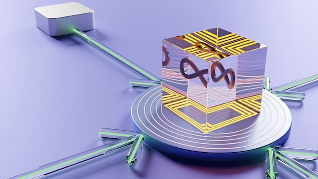 illustration of clear acrylic cube with infinity symbol inside, and having multiple arrows coming into it