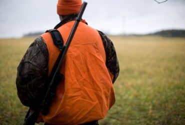 hunter wearing a blaze orange vest and carrying a firearm over his shoulder