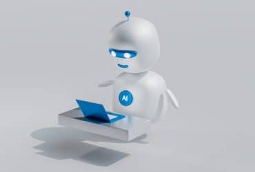 3D illustration of a bubble-style robot working on a laptop