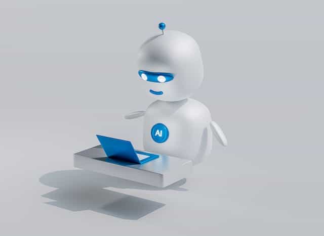 3D illustration of a bubble-style robot working on a laptop