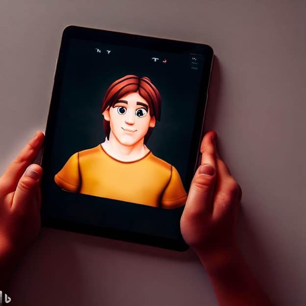 young person holding a tablet with a game avatar displayed
