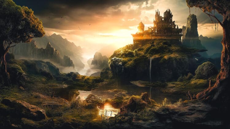 fantasy scene of an ancient castle on a hill surrounded by water and trees