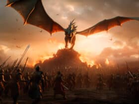 fantasy scene of a dragon flying over an army of warriors