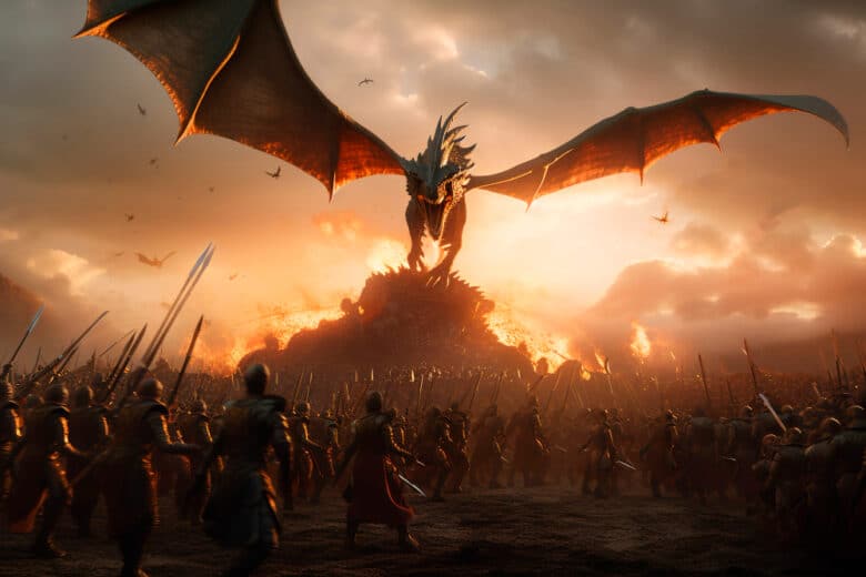 fantasy scene of a dragon flying over an army of warriors