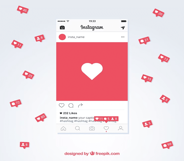 illustration of an Instagram post with likes and comment icons around it