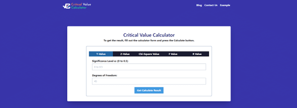 screenshot of the Critical Value Calculator online