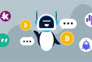 crypto bot illustration - robot surrounded by cryptocurrency icons