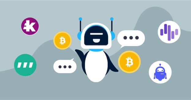 crypto bot illustration - robot surrounded by cryptocurrency icons