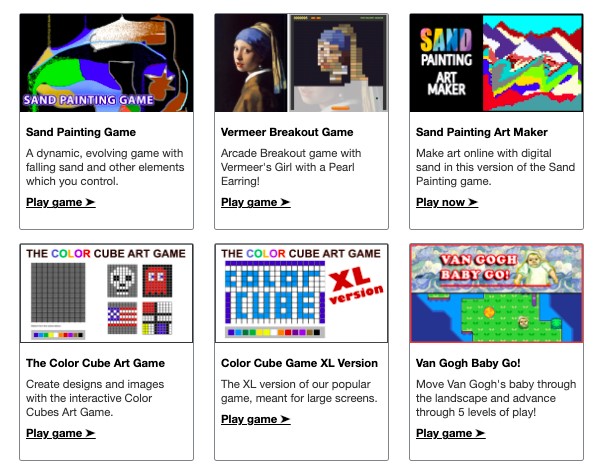 screenshot of games available on Artsology.com