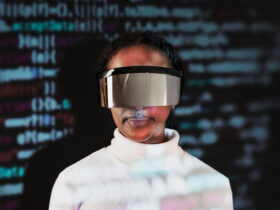 Female programmer wearing smart glasses