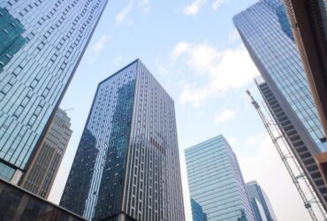 city skyscrapers from a ground vantage point