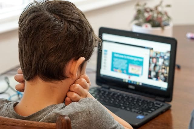 Elementary school boy working on a laptop