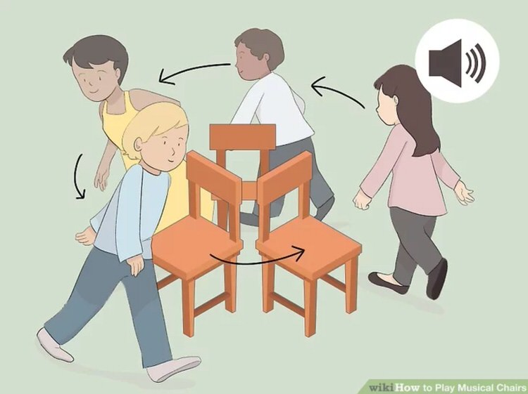 illustration of children playing musical chairs.
