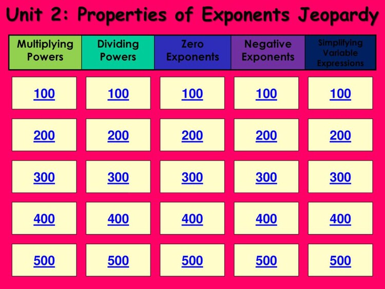 Slide Player Exponents Jeopardy online game.
