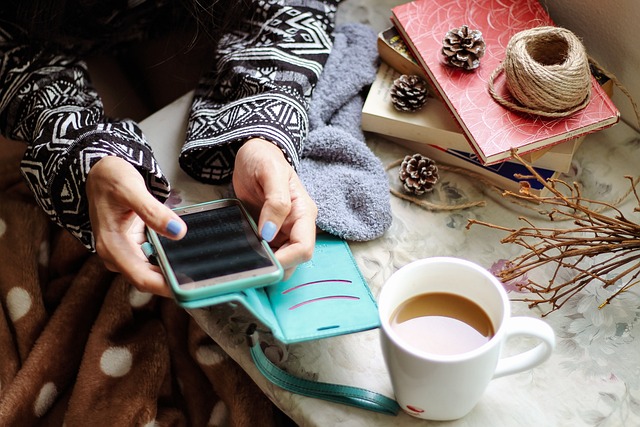 positive social media cozy phone relaxing mug of coffee teenager