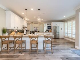 kitchen island barstools home house indoors natural light