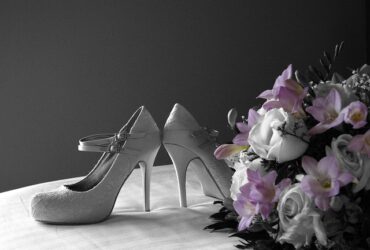 bridal shoes heals flowers wedding lace