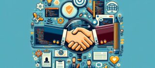 illustration of shaking hands with other online tool and marketing icons