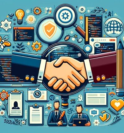 illustration of shaking hands with other online tool and marketing icons