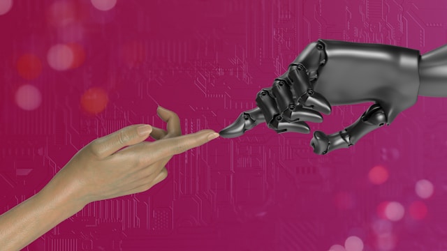 human and robot hands touching fingers.