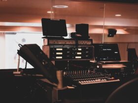 recording studio with audio system in the foreground.