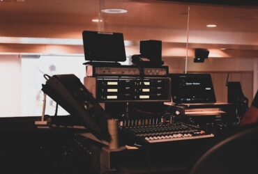 recording studio with audio system in the foreground.