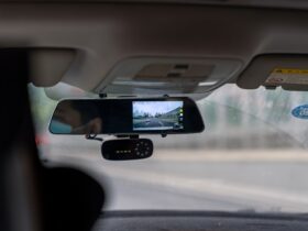 a built-in dash camera with a display in the rearview mirror.